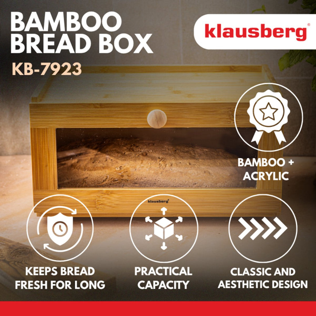 KLAUSBERG Boîte à Pain en Bambou avec Façade en Acrylique - 35,5x24x18 cm - Rangement Naturel pour le Pain - KB-7923 - Boîte à Pain - Boîte de Conservation du Pain
