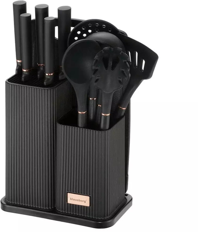 12-delige Keukenset met Messen, Gereedschappen en Snijplank - Zwart - Inclusief Opbergrek