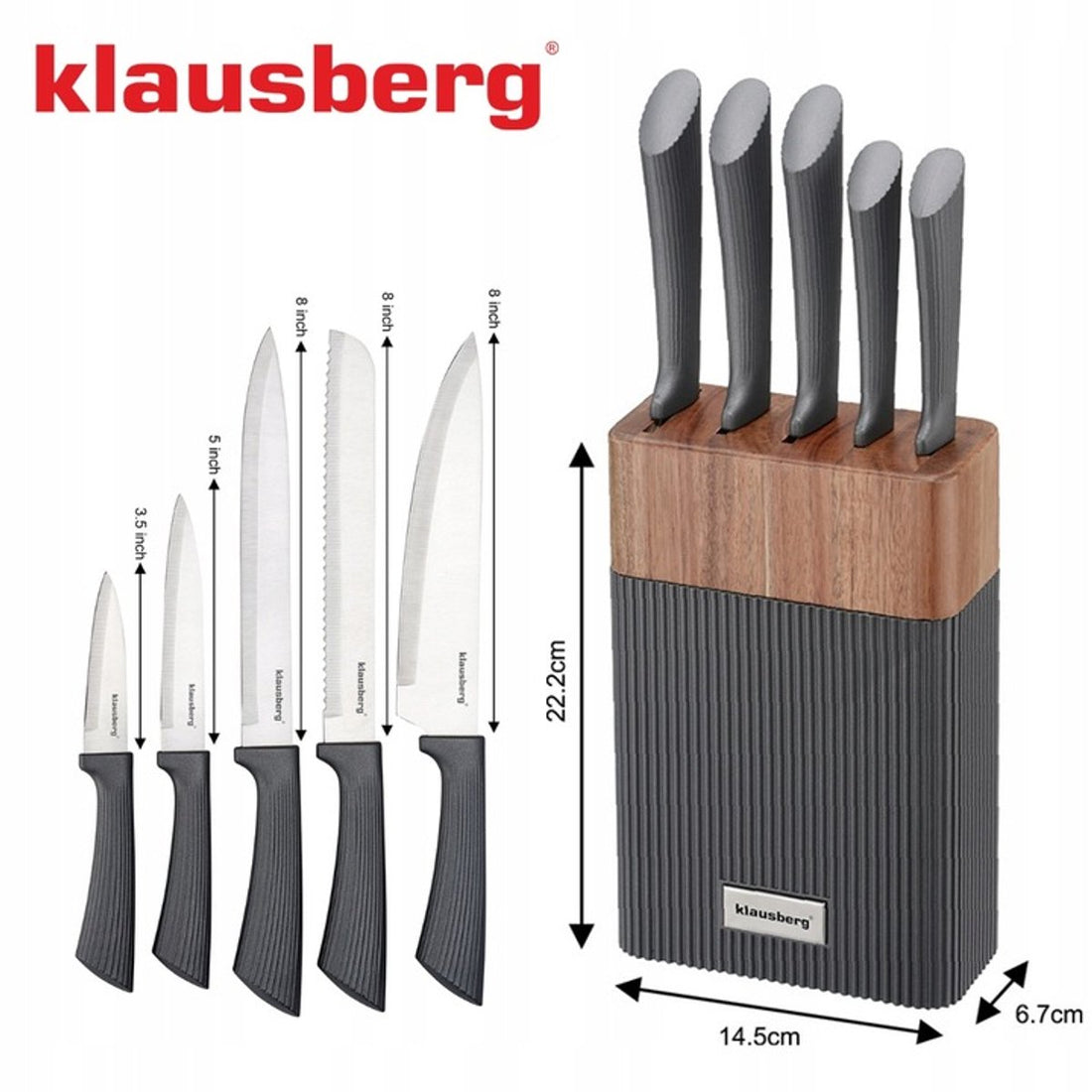 KLAUSBERG 6-Delige Messenset – Acaciahouten Blok – Roestvrij staal – Grijze Anti-Slip Handgrepen – KB-7979