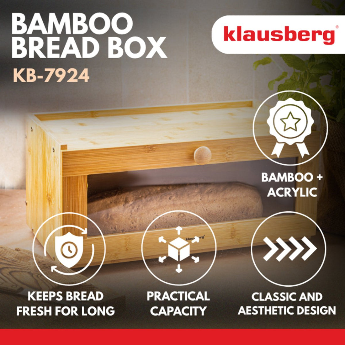 KLAUSBERG Bamboe Brooddoos Met Acryl Front - 40 x 24, 5 x 19 cm - Natuurlijke Broodopslag - KB-7924 - Broodtrommel - Brood vershouddoos