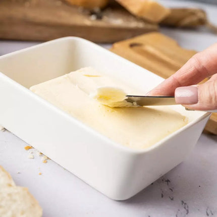 Boterpot van Keramiek - Wit, Acaciahouten Deksel en Botermes - Stijlvol en Functioneel - Botervloot - Vershoudbakje Kaas