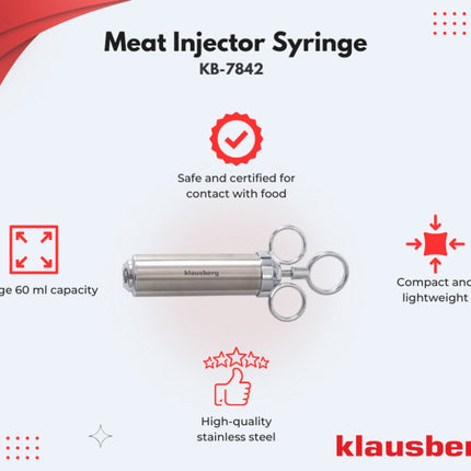 KLAUSBERG KB-7842 Vlees Marinade Spuit – RVS, 60 ml, Set met 3 Naalden & Accessoires - BBQ Accesoire - Vlees Injectiespuit - Injector