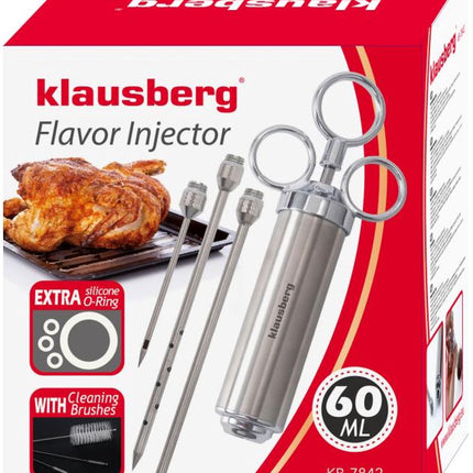 KLAUSBERG KB-7842 Vlees Marinade Spuit – RVS, 60 ml, Set met 3 Naalden & Accessoires - BBQ Accesoire - Vlees Injectiespuit - Injector