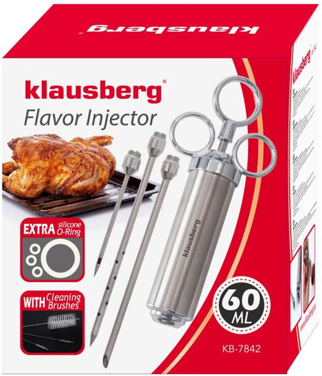 KLAUSBERG KB-7842 Vlees Marinade Spuit – RVS, 60 ml, Set met 3 Naalden & Accessoires - BBQ Accesoire - Vlees Injectiespuit - Injector