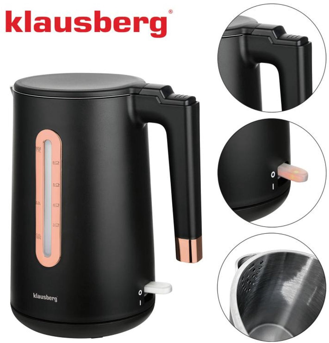 Bouilloire électrique Klausberg KB-7889 - 1,7 L - Noir / Or rose - 2200 W - Inox & PP - Sûre & Élégante - Or rose
