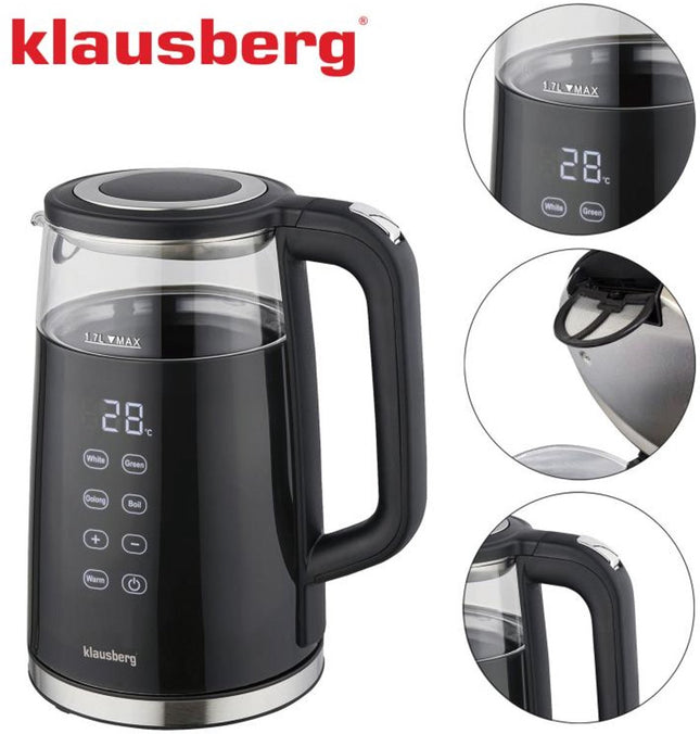 Klausberg KB-7894 Elektrische Waterkoker – 1,7 Liter, Zwart Glas, LED Bedieningspaneel, 13 Temperatuurstanden, Houd-warmfunctie