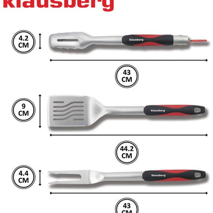 Klausberg KB-7899 Barbecue Set - 3-delige Grillset RVS met Plastic Handvatten (Spatel, Vork & Tang) - Leuke giftset voor de Kamado / Weber liefhebbers!