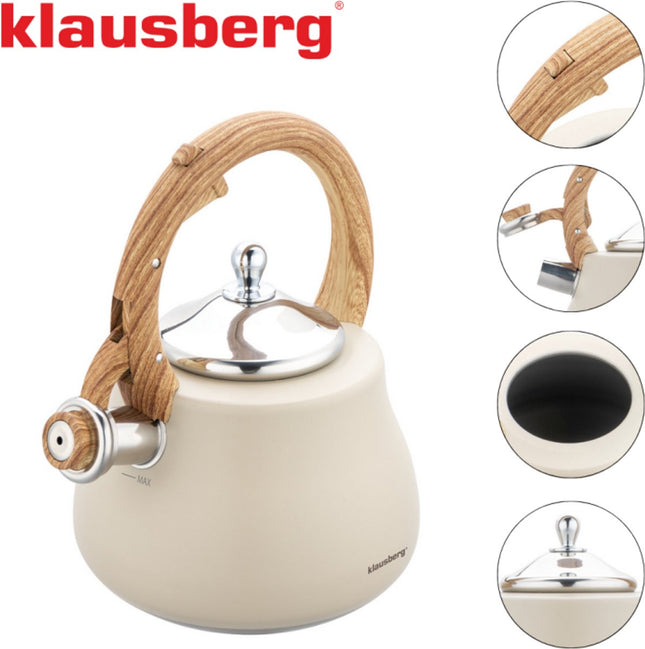 Klausberg Waterkoker 2.8L RVS - Fluitekettle voor Alle Hittebronnen (Inductie, Gas) - Beige met Hout Look Handvat