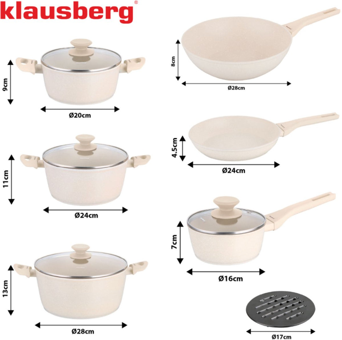 Klausberg KB-7959 pannenset 12-delig beige – marmeren antiaanbaklaag, inductie – foto 3