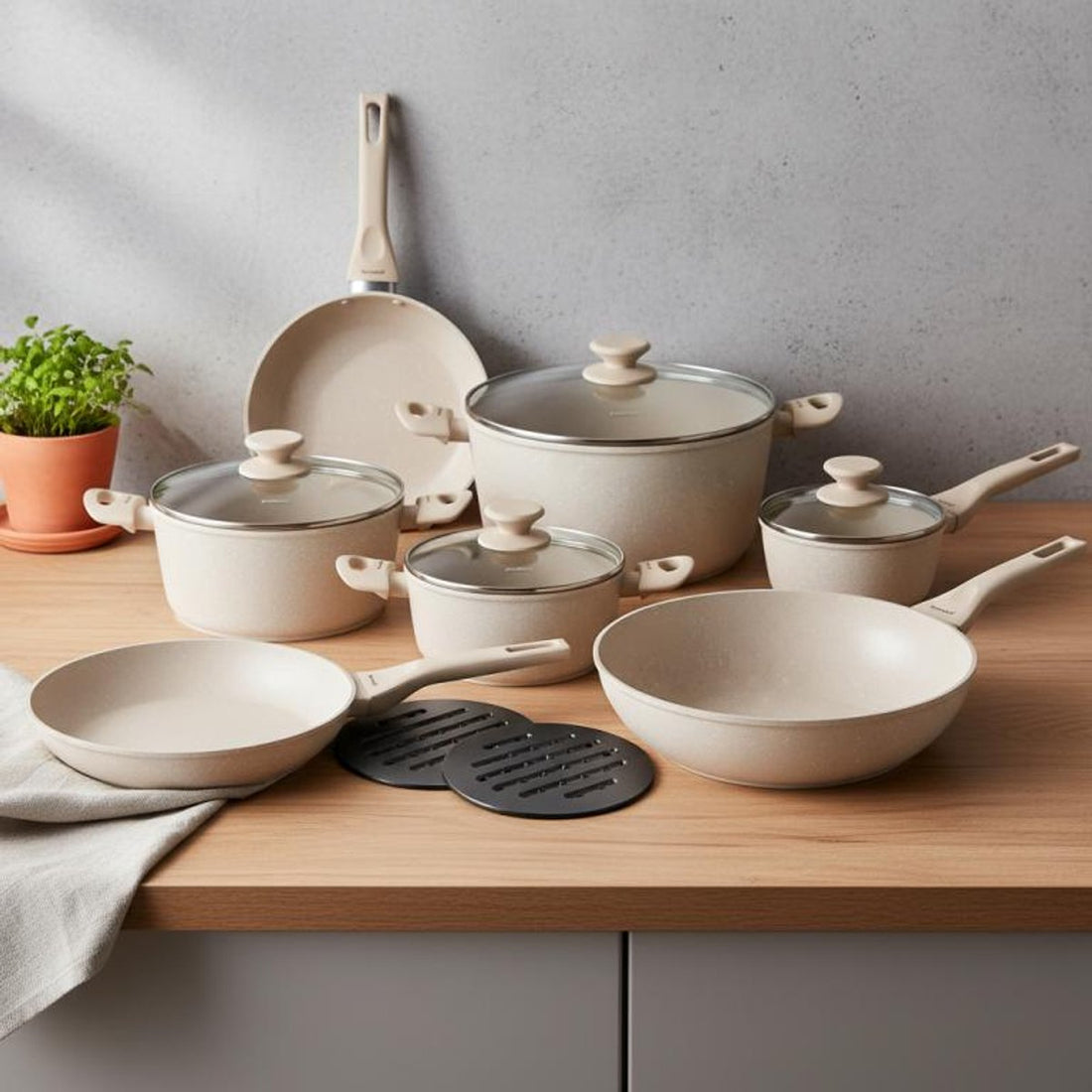 Klausberg KB-7959 pannenset 12-delig beige – marmeren antiaanbaklaag, inductie – foto 2