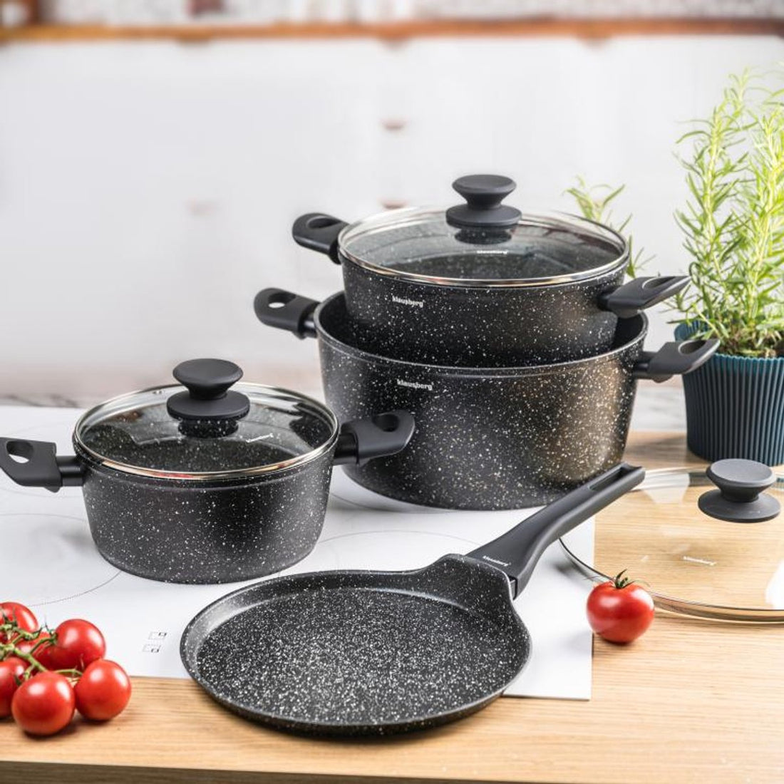 Klausberg KB-7962 pannenset 7-delig, zwart – marmer antiaanbaklaag, inductie – foto 4