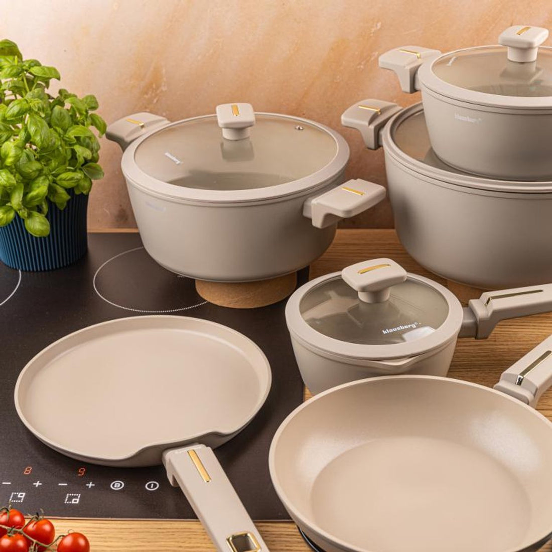 Klausberg KB-7967 Topfset | 12-teilig | Antihaftbeschichtung | Induktionsgeeignet | Beige