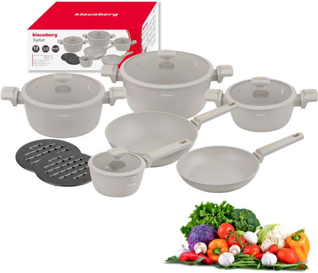 Klausberg KB-7969 Pannenset 12 Delig Beige | Inclusief Wok Pan | Anti-aanbaklaag | Geschikt voor Alle Kookzones Inclusief Inductie | Glazen Deksels | Set Pannen