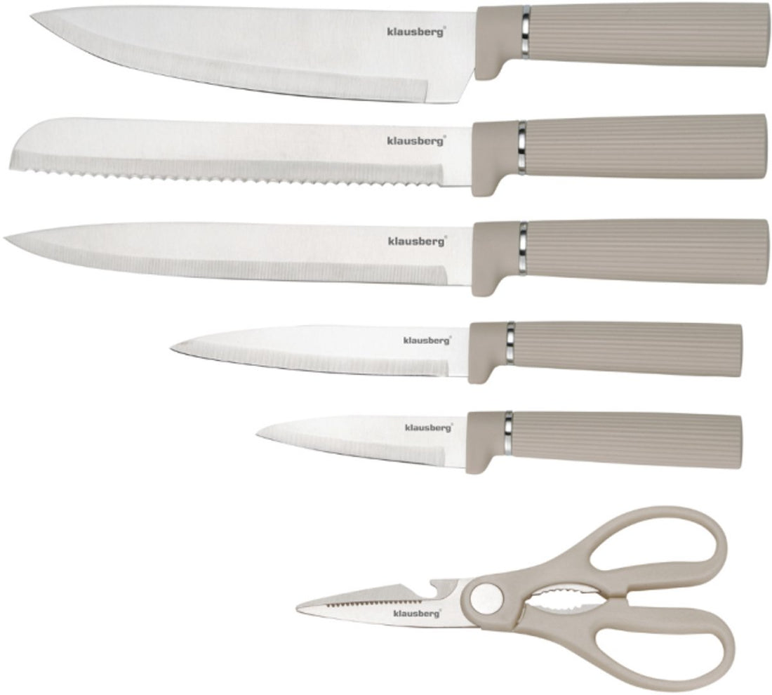 Klausberg KB-7978 8 Delig Keukenset - Messenset met Snijplank en Papierrolhouder - Beige Roestvrij Staal