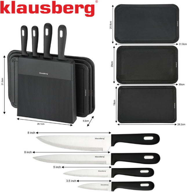 Klausberg KB-7980 8 Delig Keukenset - 4 Messen en 3 Snijplanken met Opbergstandaard - Compleet Snijset Zwart - Messenset - Messenblok - o.a. Koksmes , Vleesmes , 3 snijplanken