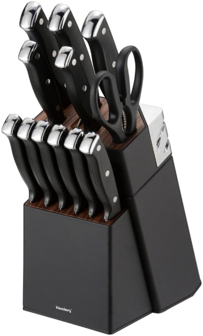 Klausberg KB-7985 13 Delig Messenset - Zwart Messenblok met Slijpstaaf - 6 Stekmessen Inclusief - Messenset met Blok - O.a. Broodmes, Koksmes, Vleesmessen en Schaar