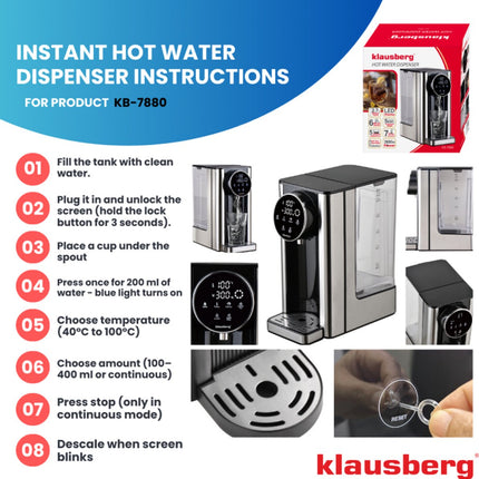 Klausberg KB7880 Hot Water Dispenser – 2,7 Liter – LED Touchbediening – Temperatuur- & Volumecontrole – 2600W - Heetwaterdispenser