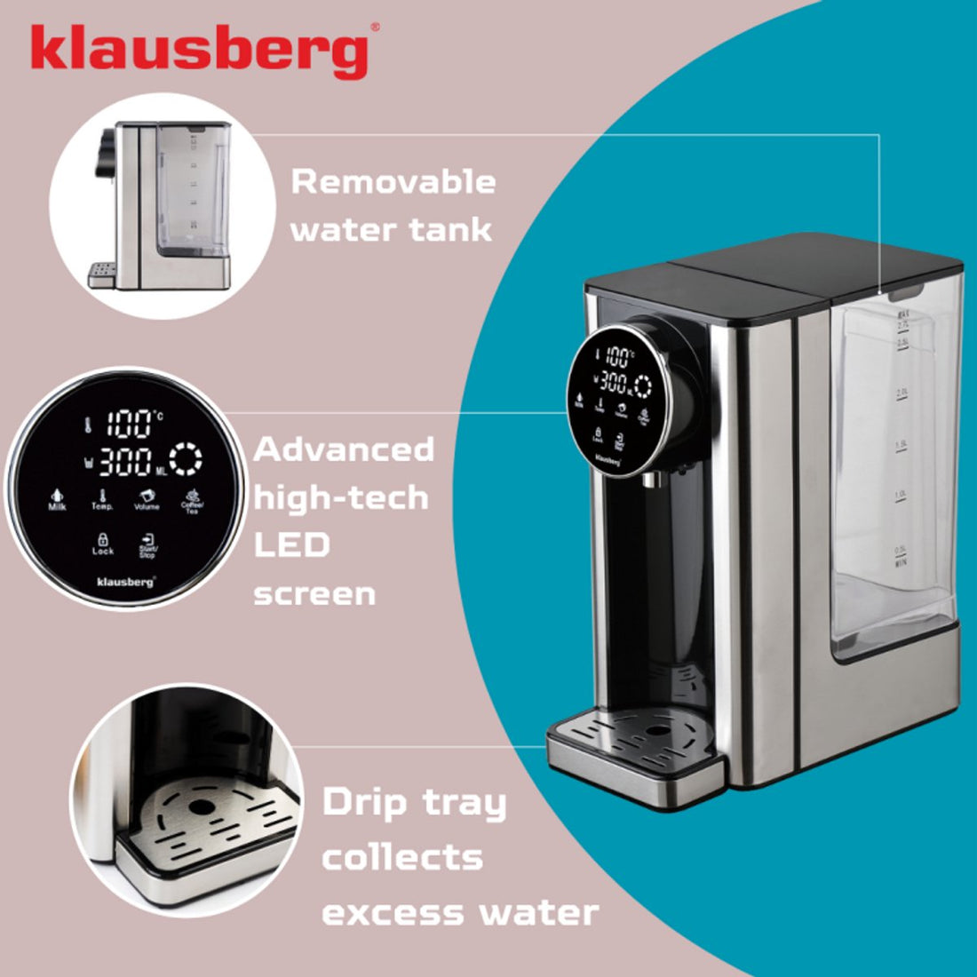 Klausberg KB7880 heetwaterdispenser – 2,7 liter, 7 temperaturen, 2600 W – foto 2