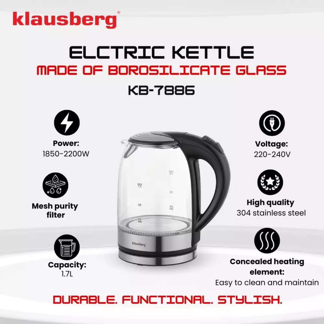 Bouilloire électrique Klausberg KB7886 - 1,7 L, 1800W, verre borosilicaté & acier inoxydable 304, éclairage LED, base rotative 360°