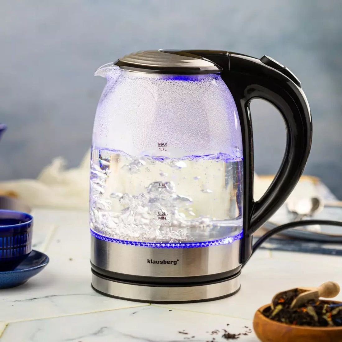 Bouilloire électrique Klausberg KB7886 - 1,7 L, 1800W, verre borosilicaté & acier inoxydable 304, éclairage LED, base rotative 360°