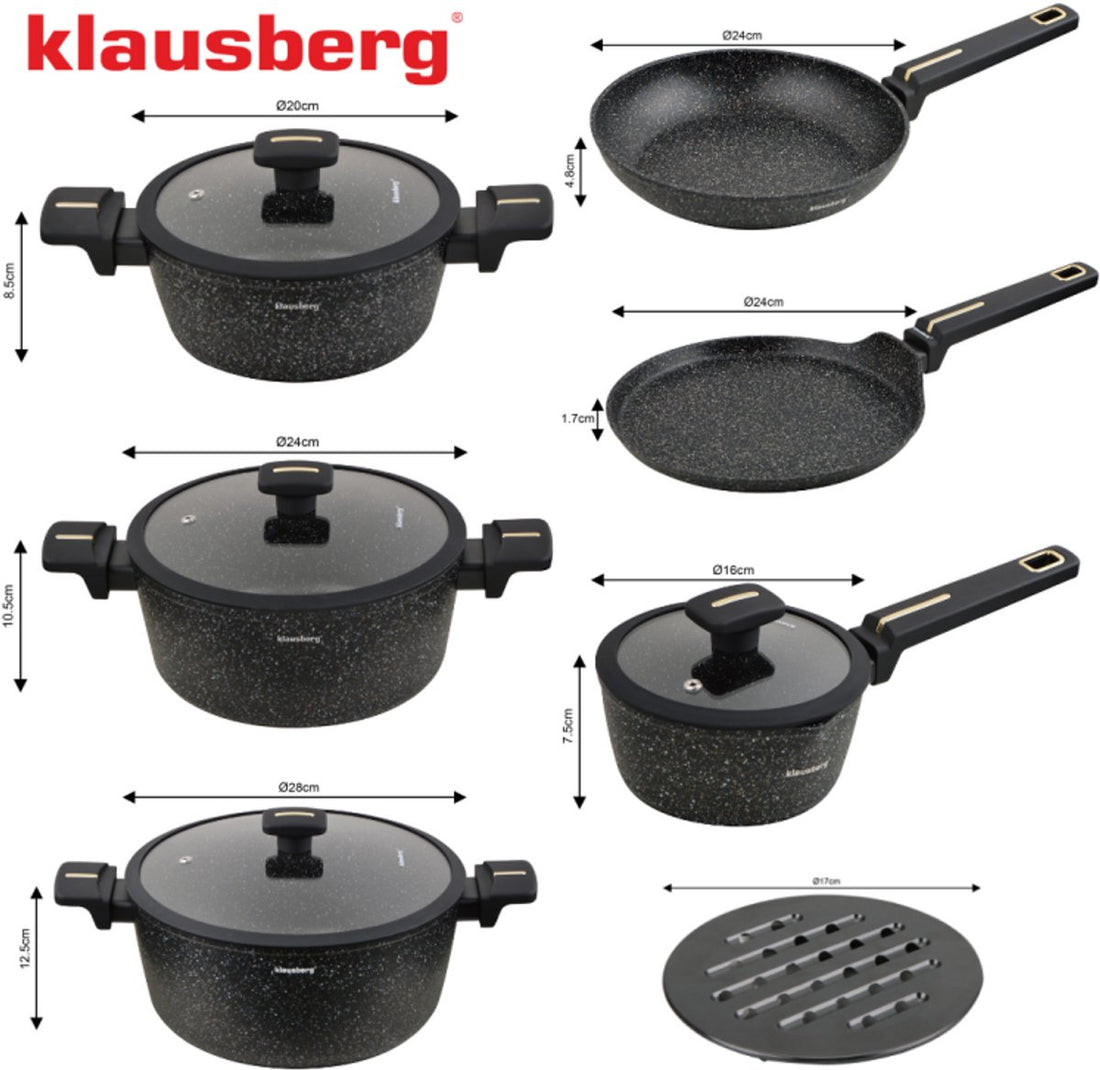Klausberg Pfannenset 12-teilig - Schwarze Marmor-Antihaftbeschichtung - Induktionsgeeignet - Inklusive Pfannen und Deckel - KB-7966 - Pfannenset - Kochset