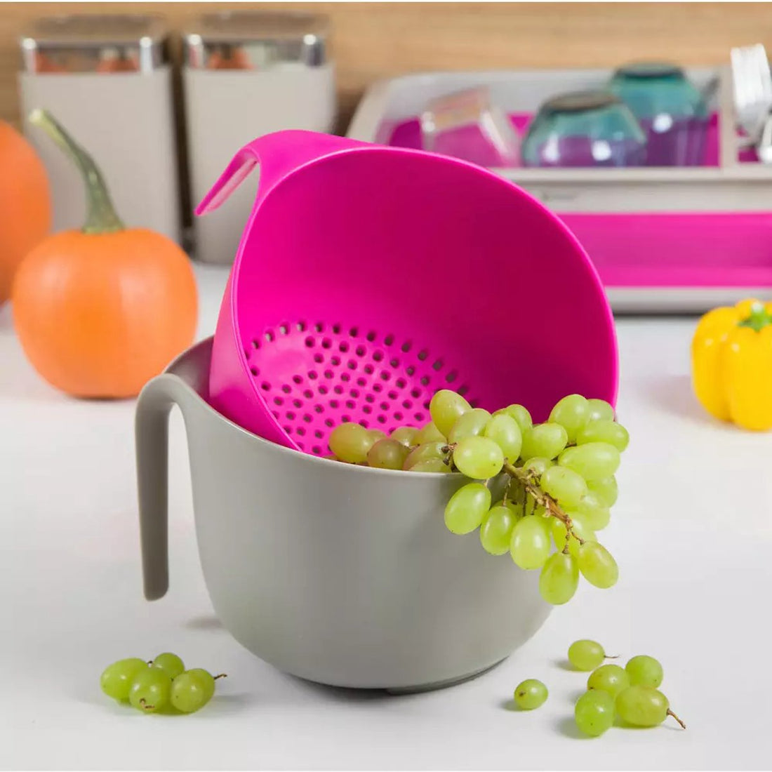 Mixing Bowl and Colander Set - 4 Liters, Gray and Pink, High-Quality Plastic - Sturdy and Practical Kitchen Utensils