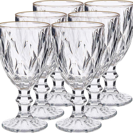 6x - kristal look glazen op voet- gouden rand - 254 ml