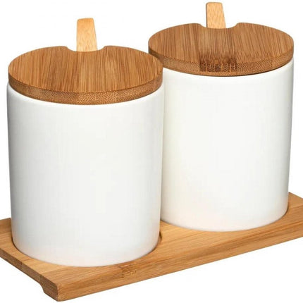 Suikerptjes - Kruidenpotjes met lepel - met Bamboe deksel en onderstel