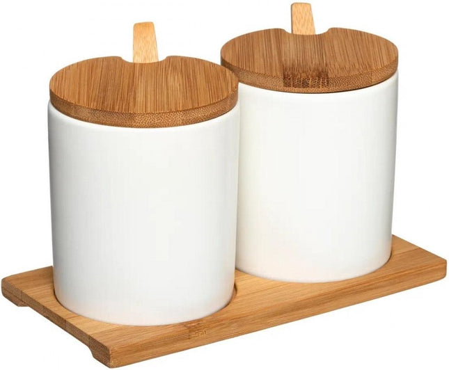 Suikerptjes - Kruidenpotjes met lepel - met Bamboe deksel en onderstel