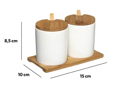 Suikerptjes - Kruidenpotjes met lepel - met Bamboe deksel en onderstel