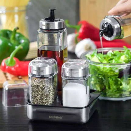 5-delige Kruidenset Voor Zout, Peper, Olie En Azijn met Standaard.