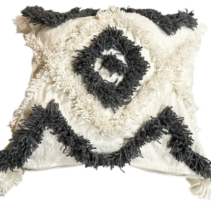 Marokkaanse Vierkante Kussenhoes met Kwastjes wit-grijs 44 x 44 cm