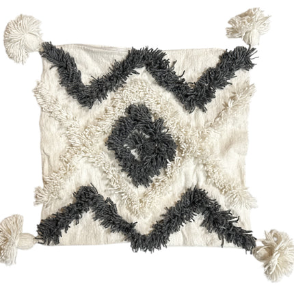 Marokkaanse Vierkante Kussenhoes met Kwastjes wit-grijs 44 x 44 cm