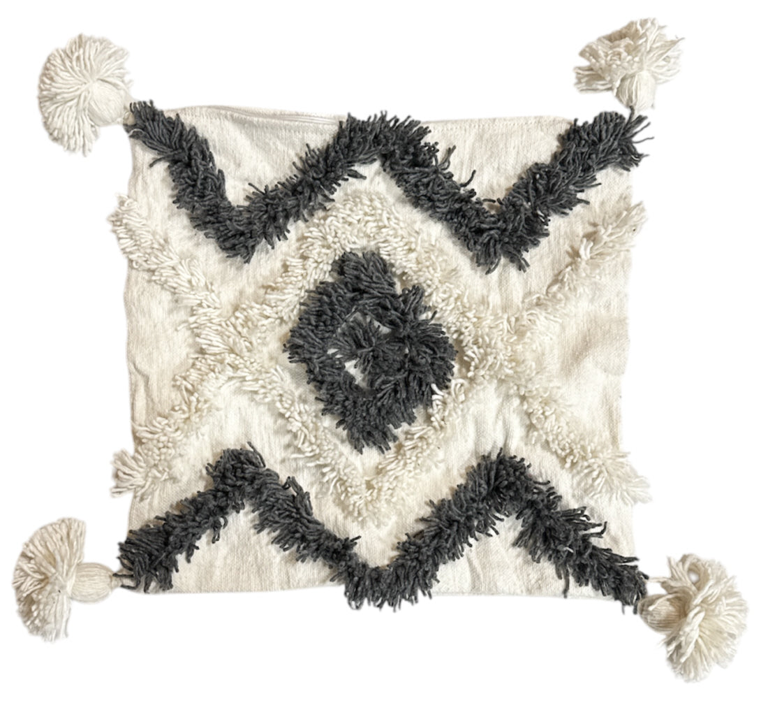 Marokkaanse kussenhoes met kwastjes wit-grijs – katoen, 44 x 44 cm – foto 2