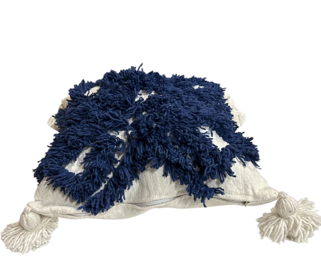 Marokkaanse kussenhoes met kwastjes – blauw-wit, katoen, 44 x 44 cm