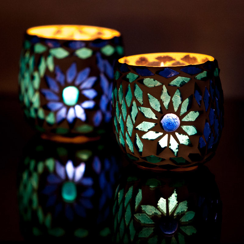 Mediterranean mosaic tea light holder - Blue - 2 pcs