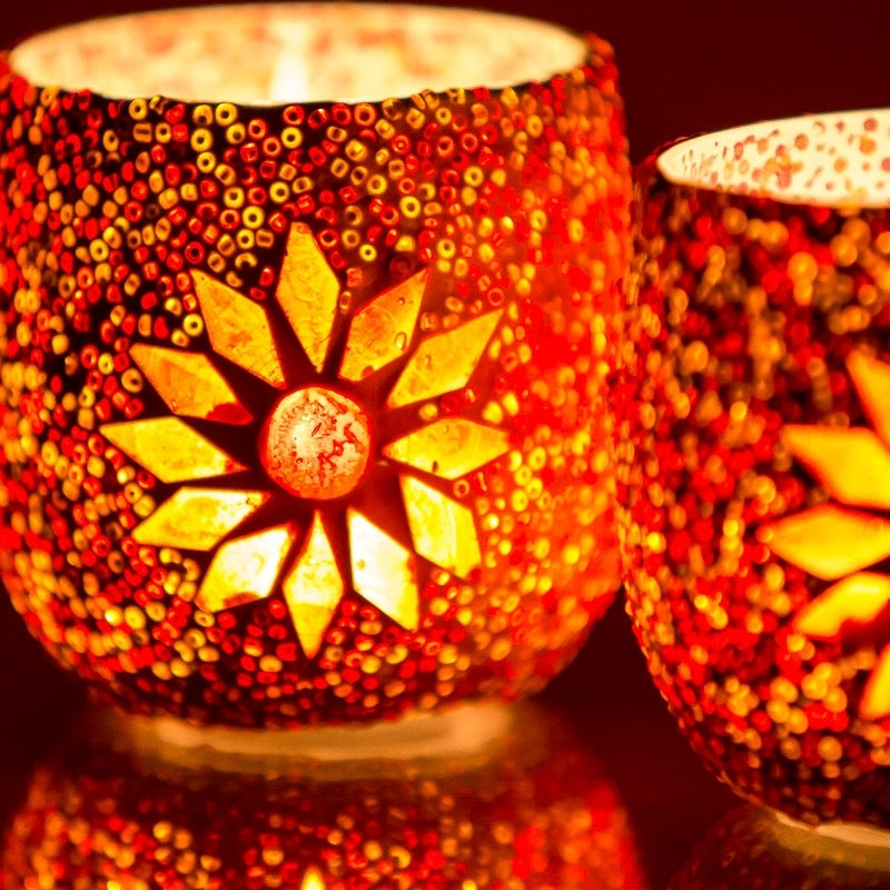 Mediterranean mosaic tea light holder Ø 8 cm Red - Set of 2 pcs - Orange