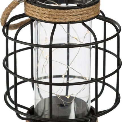 Lantaarn zwart staal met touw Led hoogte 17.5CM