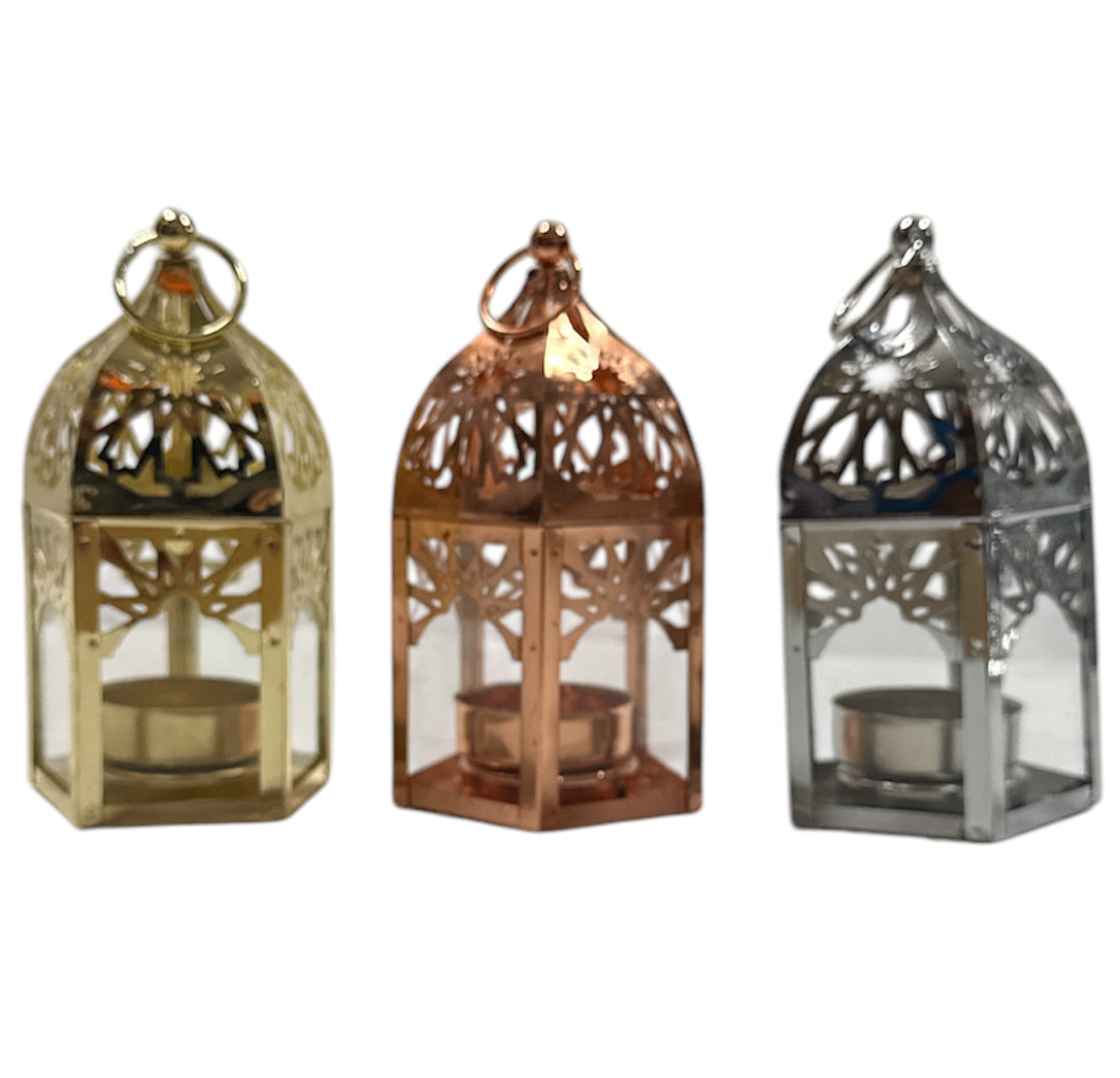 Oosterse mini metalen lantaarn – kaarsenhouder 13 cm, zilver, goud of koper – foto 3