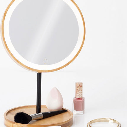 Make-up spiegel met LED verlichting bamboe 19 x 31 cm