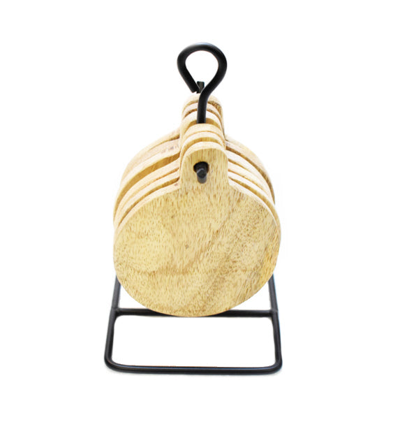Houten onderzetters rond van mangohout – set van 6 met ophangframe
