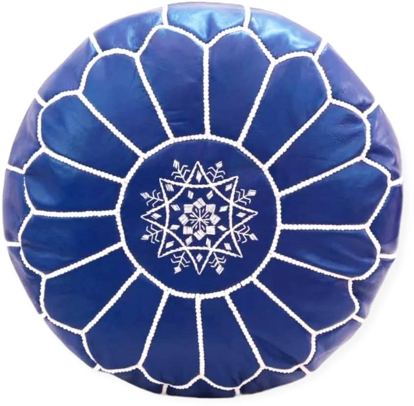 Moroccan Leather Pouf – Handmade in Fes – Ø45 x H30 cm – Navy Blue