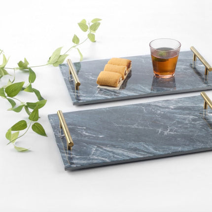 Marmeren dienblad met gouden hendels 40x24cm zwart / wit