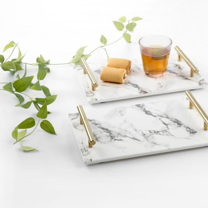 Marmeren dienblad met gouden hendels 40x24cm zwart / wit