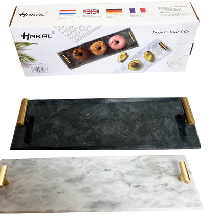 Marmeren dienblad met gouden hendels 40 x 14 cm zwart / wit