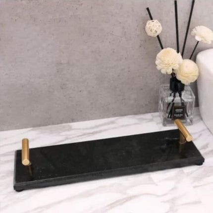 Marmeren Plateau met gouden hendels 30*10 cm zwart / wit