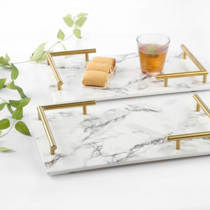 Marmeren plateau dubbel handvat 40x25cm zwart / wit