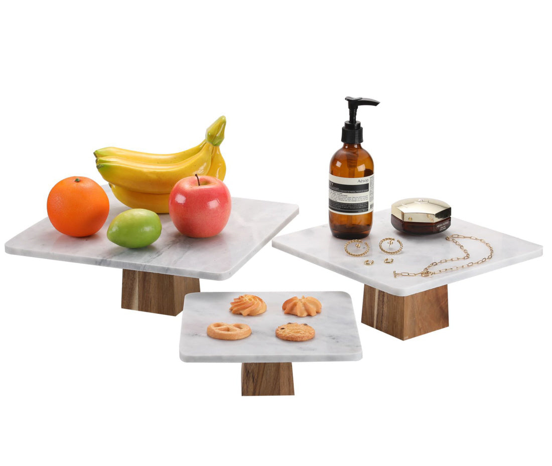 Marmeren taartplateau vierkant op houten voet – cake stand in 3 maten