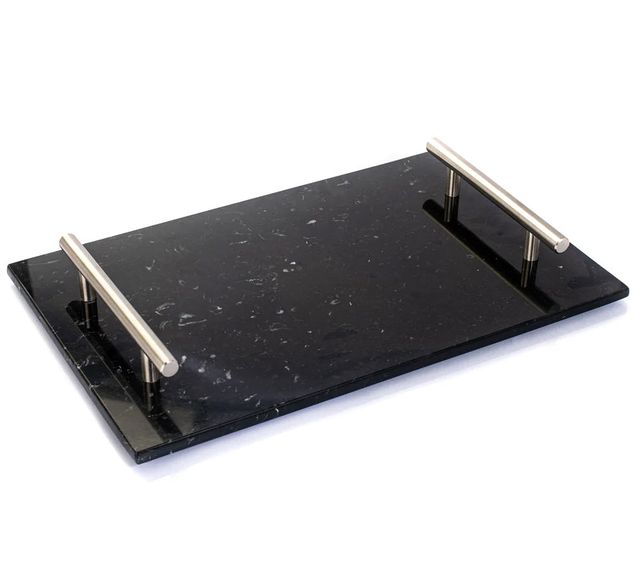 Black marble tray with silver handles 30 x 20 cm