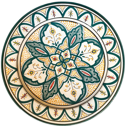 Marokkaanse Schaal Ø35 cm – Handgemaakt & Handbeschilderd – Groen Geometrisch Motief